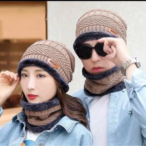 Men and Women Winter Knit Warm Beanie Hat and Scarf Ski Skull Cap 2 in 1